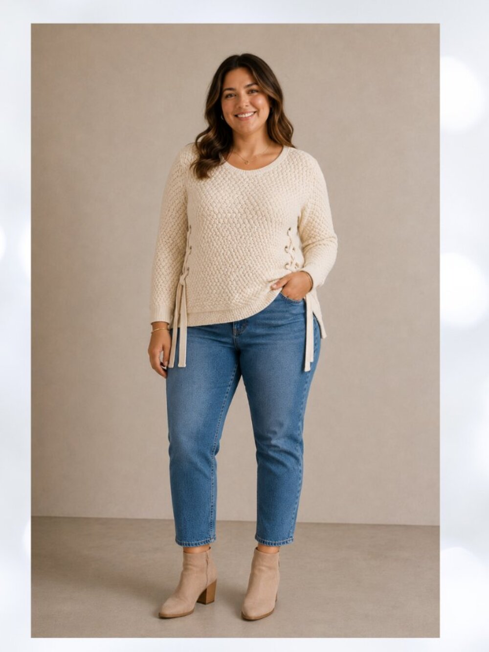 Caryn Vallone Sweater Medium Soft Stretch Knit Cream Lace-Up Pullover - Rare